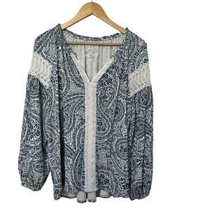 Cupio Womens Paisley Lace Trim Peasant Top Size 1X Blue Stretch Boho Cottage